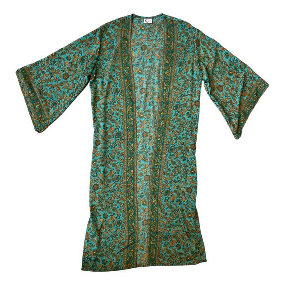 L’Atelier de Sonja Silk Viscose Boho Kimono Duster Jacket Green Gold Floral - Picture 1 of 10